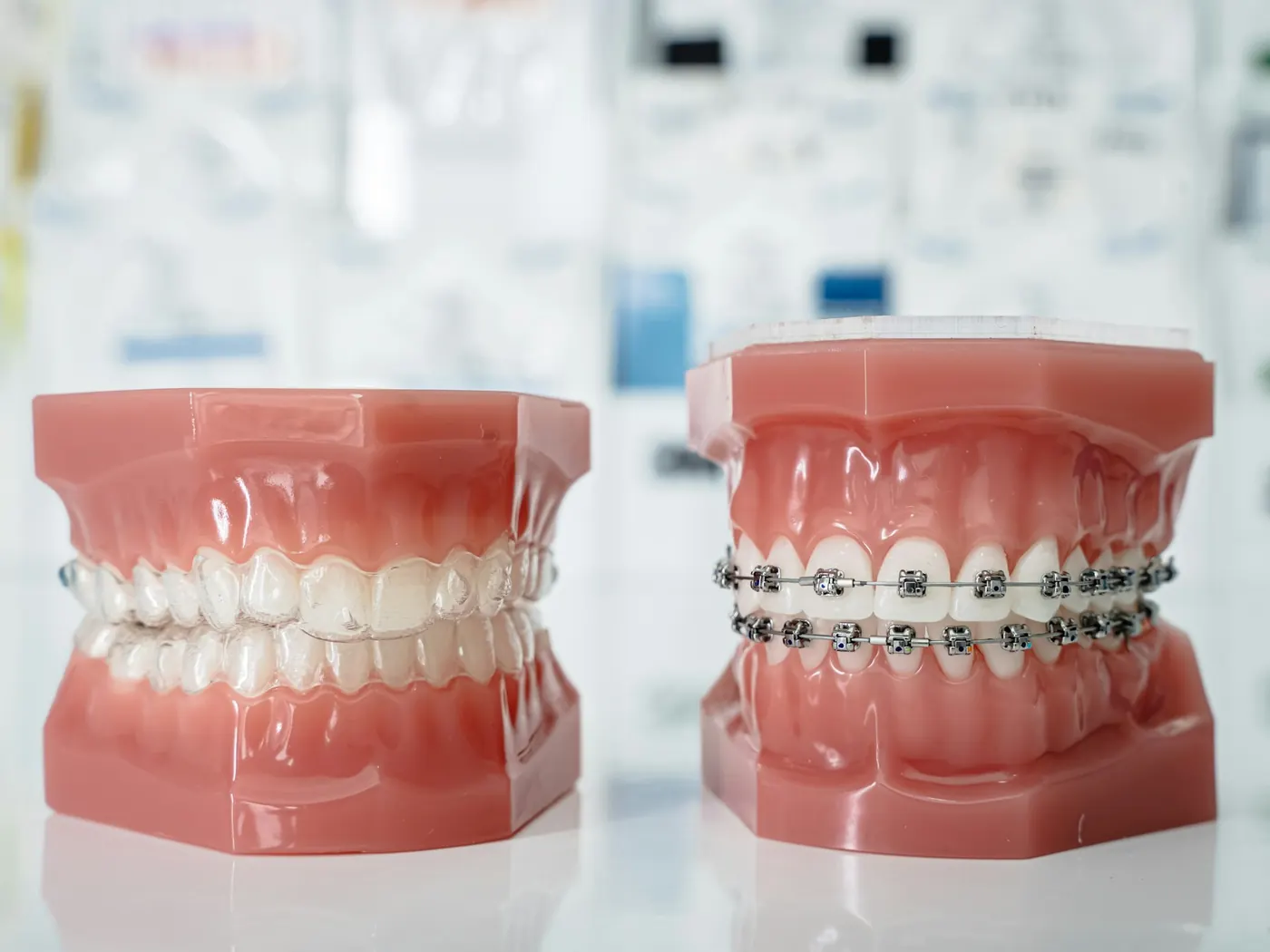 Dental models comparing teeth with and without braces